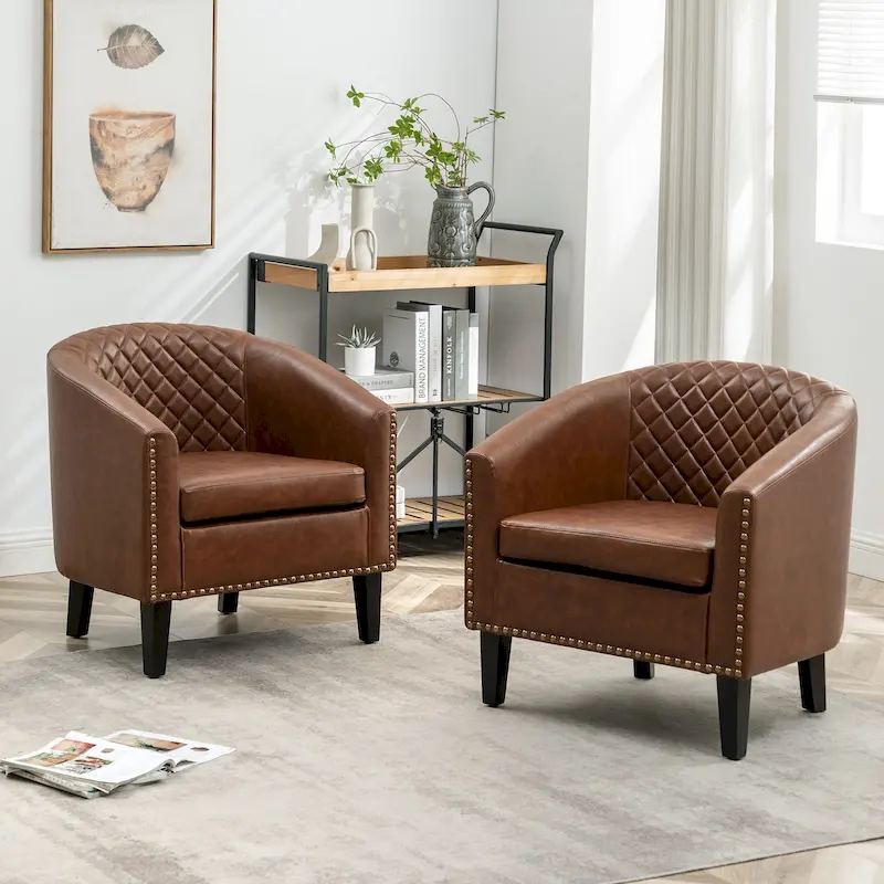 KINWELL 29 PU Faux Leather Club Armchair with Nailheads, Set of 2