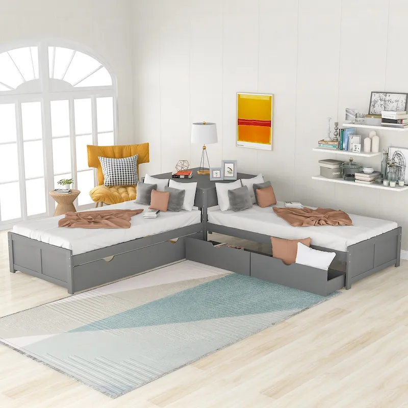 L-shaped Platform Bed with Trundle and Drawers Linked with built-in Desk