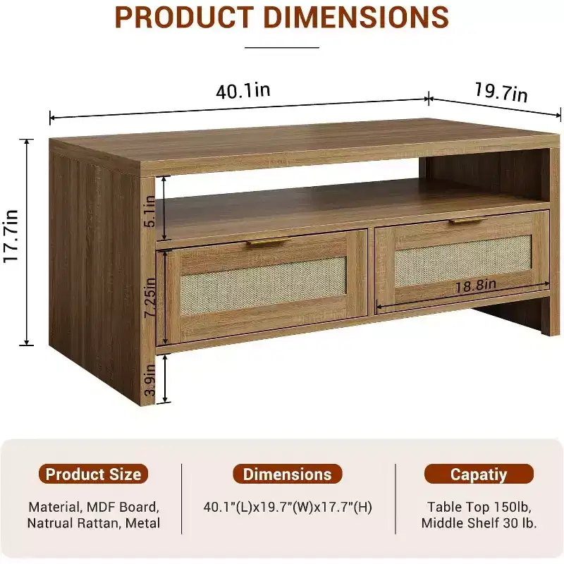 Brown Mid-Century 2-Drawer Rattan Coffee Table | 40 Rectangular Table with Thick Wood Top | Living Room Cocktail Table with Open Shelf