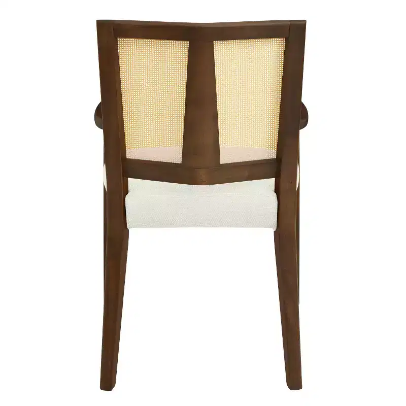 Beige/Dark Brown Upholstered Dining Arm Chairs with Rattan Back, Set of 2