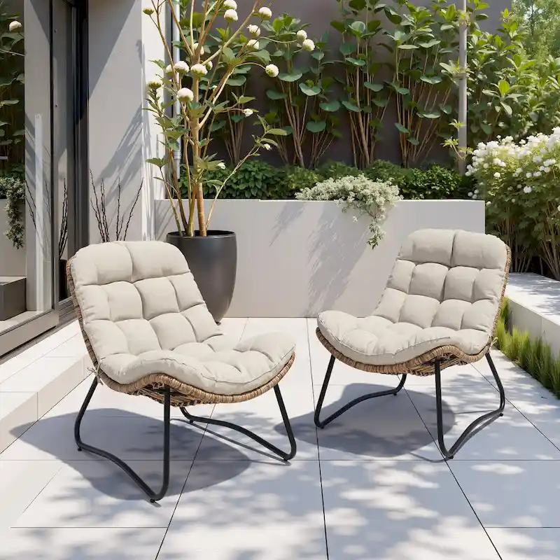 2-Piece Outdoor Papasan Chairs with Thick Padded Cushion PE Rattan Patio Cozy Chairs