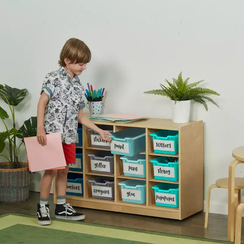 ECR4Kids 12 Cubby Mobile Tray Cabinet and 15 Scoop Front Bins, 3x4, Kids Furniture