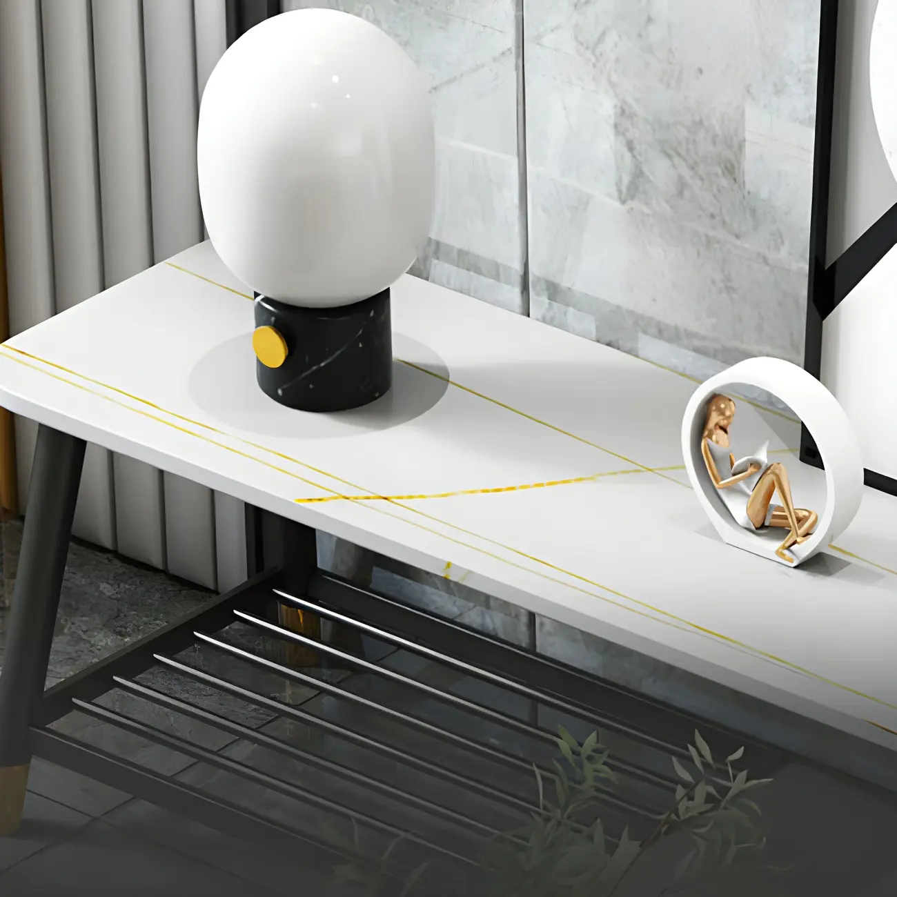 Modern White Stone TV Stand with Open Shelving