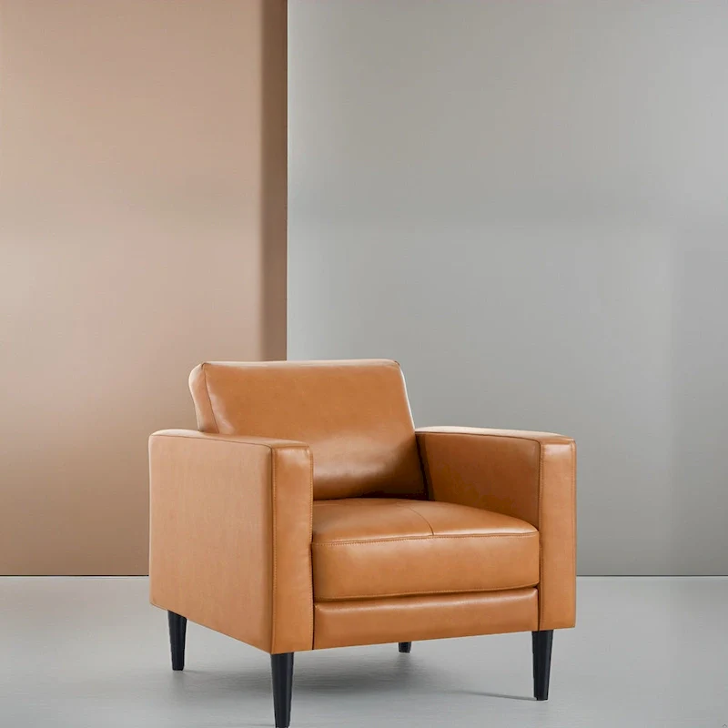 Genuine Leather Accent Chair, Black/Tan, Mid-Century Modern, High-Density Cushion, Seats 1