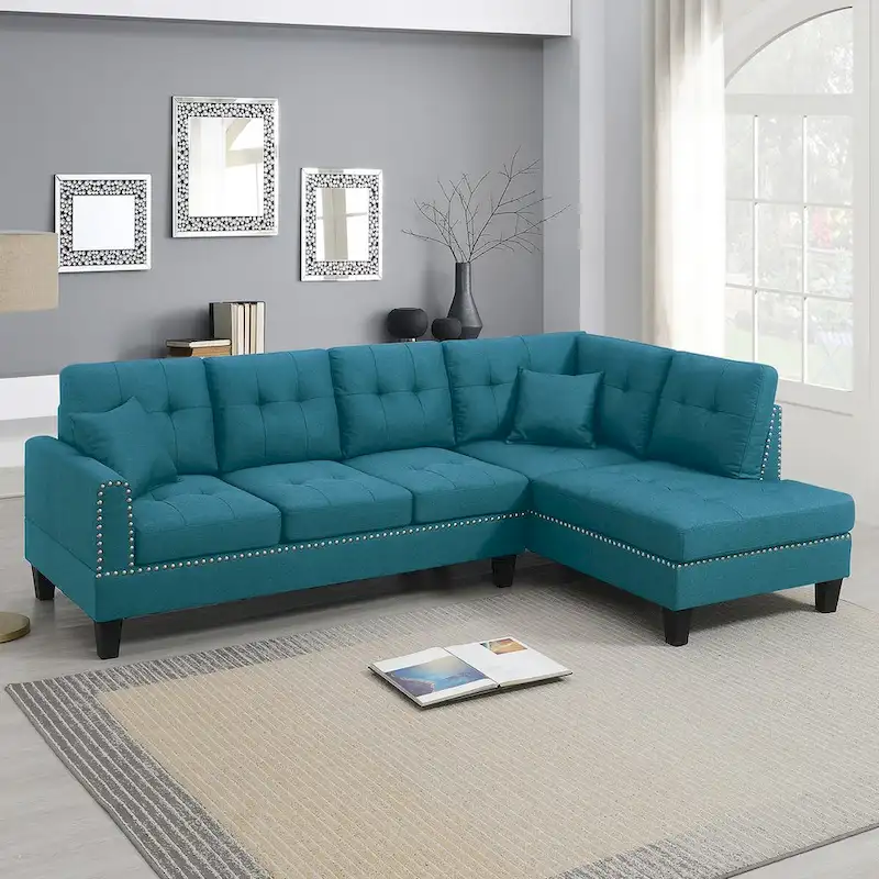2 Piece Linen-like Fabric Sectional Sofa Set with 2 Accent Pillows