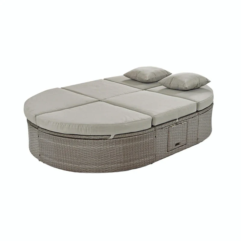 Rattan Patio Daybed with Cushions, Reclining Chaise Lounge, Foldable Trays