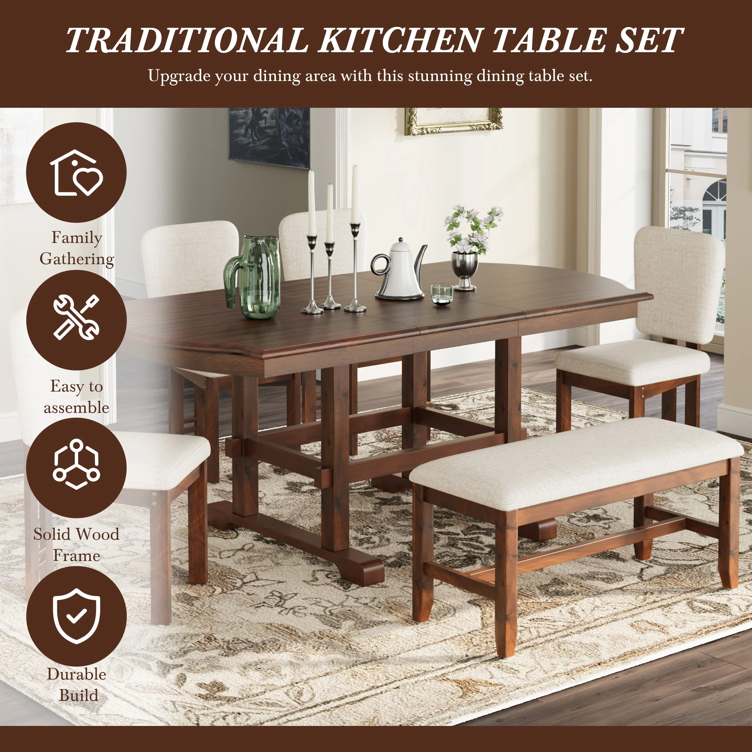 Traditional Farmhouse 6 Pieces 78 Extendable Dining Table Set with Bench