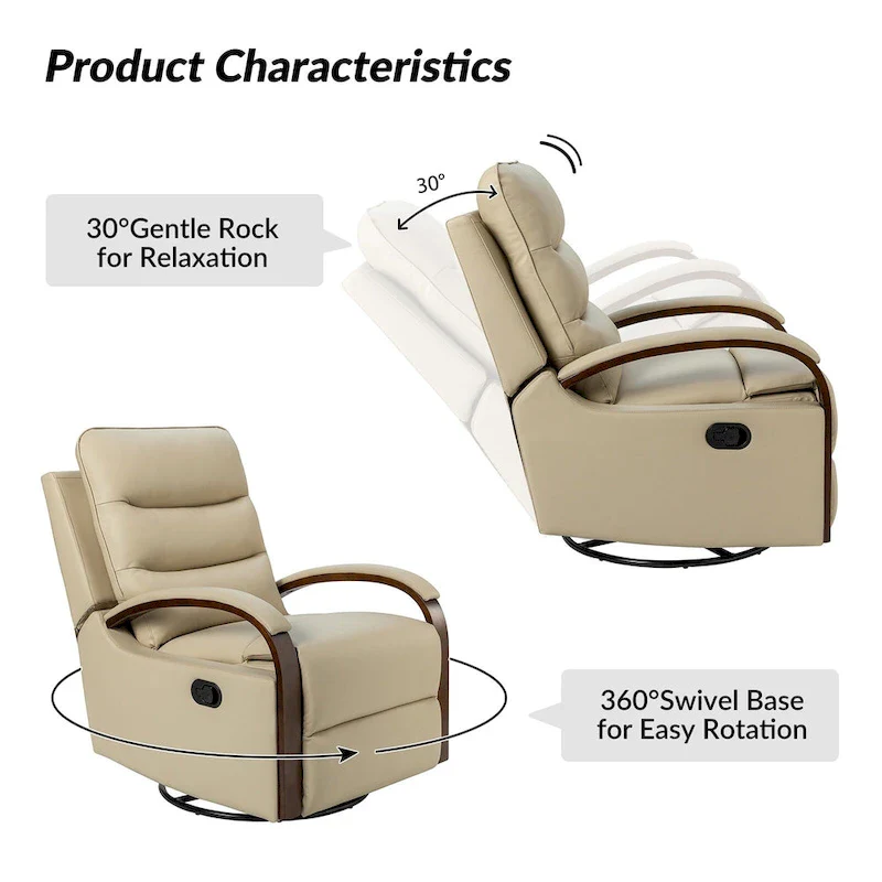 Leopold Modern Genuine Leather Swivel Rocking Manual Recliner Chair with Wooden Arm Accents by HULALA HOME
