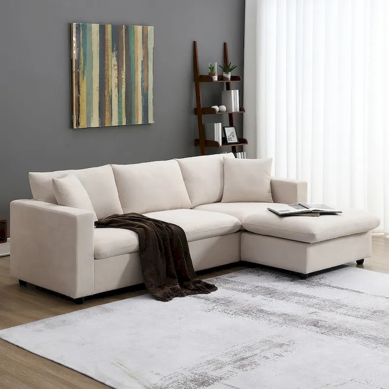 Modern Sectional Sofa,L-shaped Couch Set with 2 Free pillows,4-seat Polyester Fabric Couch Set with Convertible Ottoman