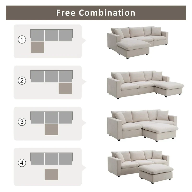 L-shaped Modern Sectional Sofa, 2 Free pillows,4-seat Polyester Fabric Couch Set,Ottoman,Beige