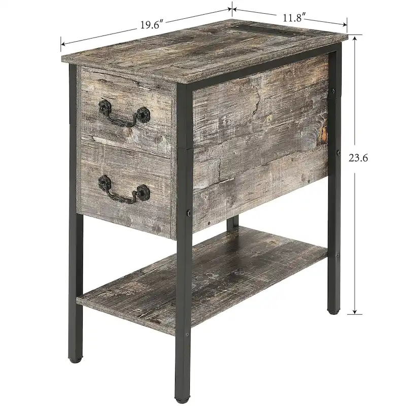 End Table with Charging Station, Narrow Chairside Table with Drawers & USB Ports & Power Outlets, Nightstand for Small Spaces