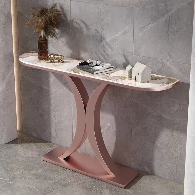 White Half-Circle Stone Rose Gold Entryway Console Table