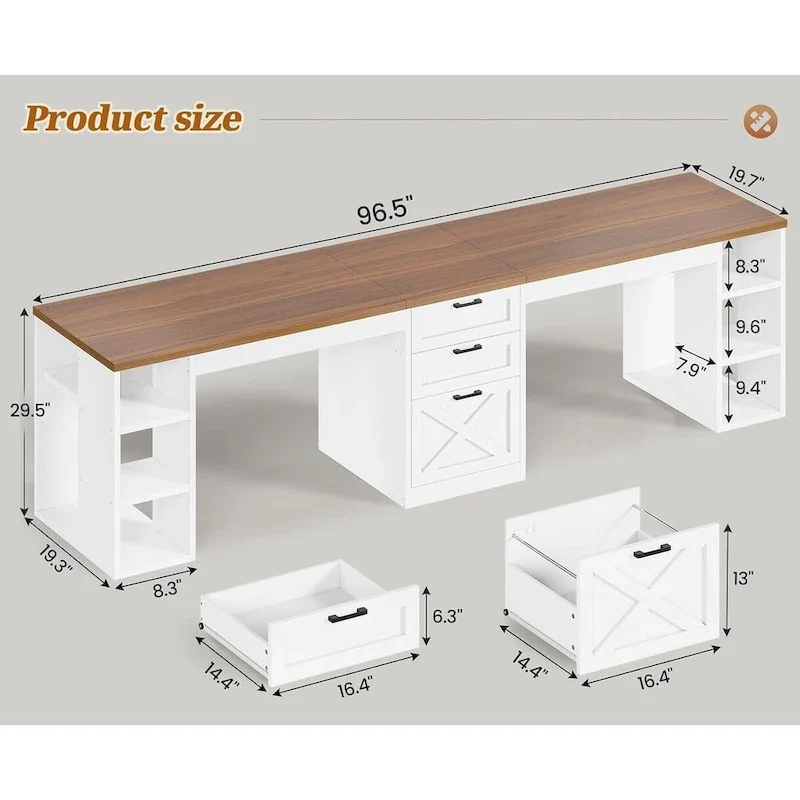 96.5 Computer Desk 3 Drawers Home Office Desk 8 Open Shelves