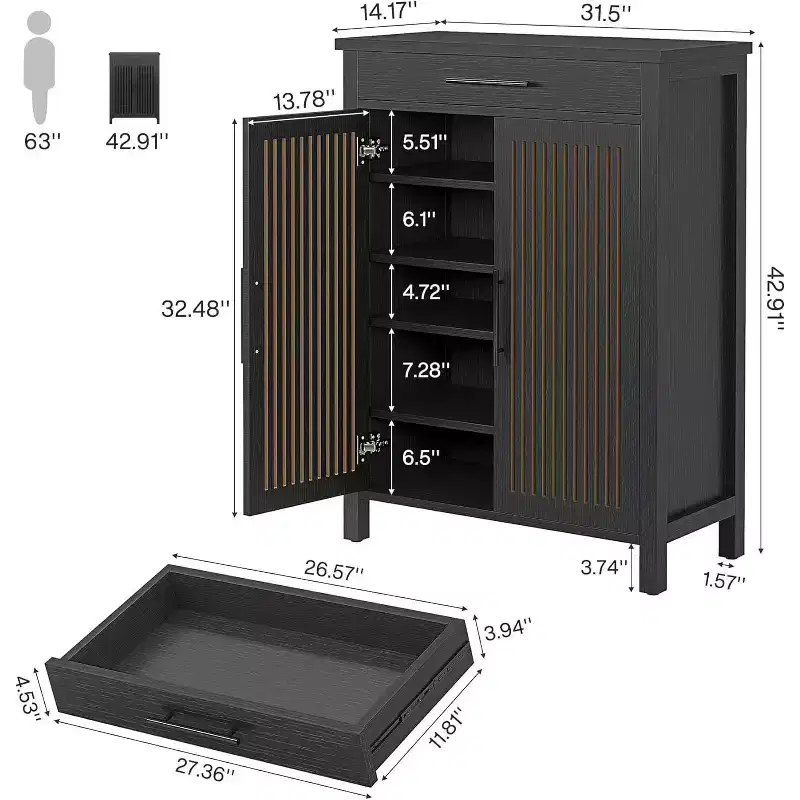 Lantine 5-Tier Shoe Storage Cabinet with Louvered Doors and Drawer, Shoe Rack Organizer with Adjustable Shelves for Entryway, Hallway, Closet, Black
