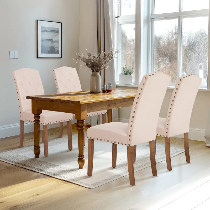 Set of 4 Upholstered Faux Leather/Fabric Dining Room Chairs with High Back and Solid Wood Legs