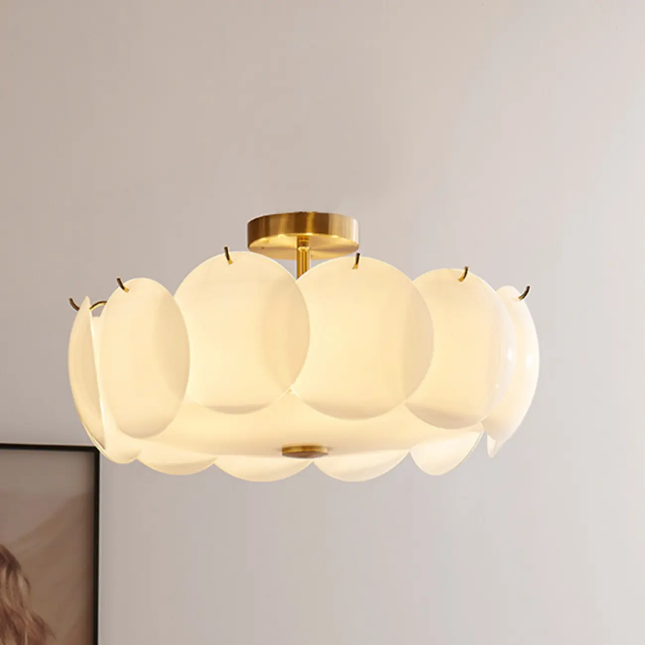 White Circle Glass Gold Semi Flush Mount Ceiling Light