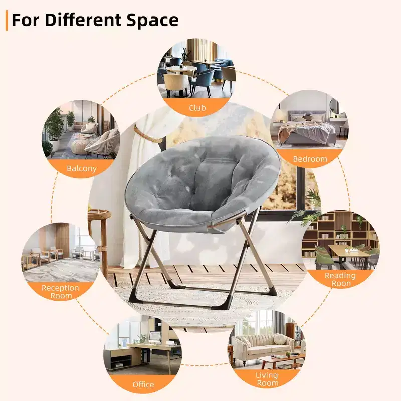 Comfy Saucer Chairs, Folding Reading Lounge Chair, Cozy Faux Fur Living Room Chair with Soft Thick Padded Seat Metal Frame, Modern Style Home