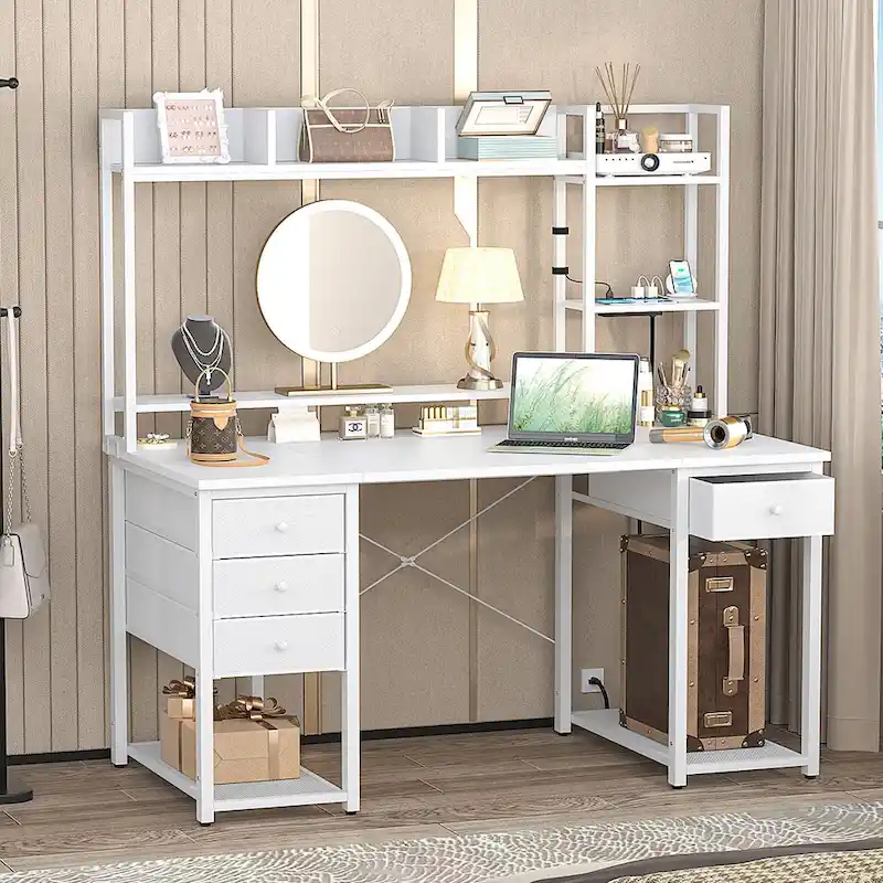 Gaming Desk with Hutch and Drawers, Office Computer Desk with Charge Station and LED Light