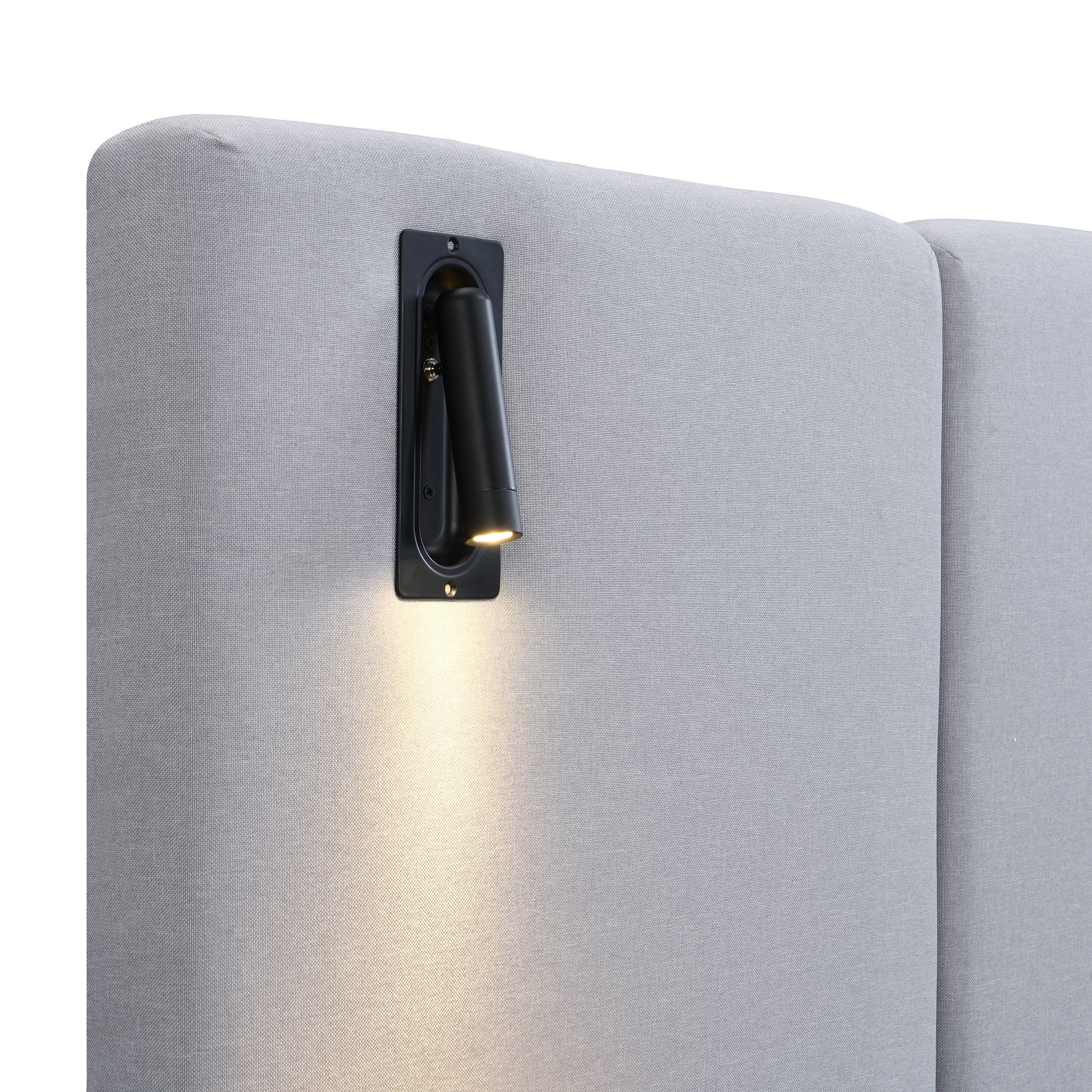 Contemporary King Linen Upholstered Bedframe with Lights and Shelves