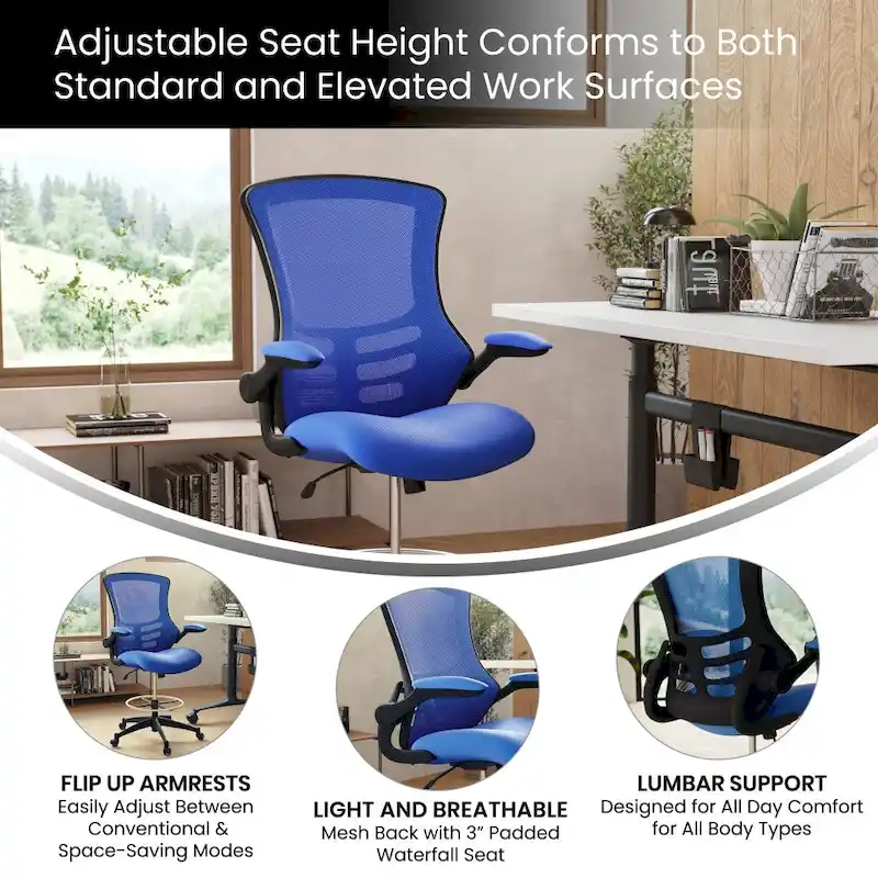 Mid-Back Ergonomic Drafting Chair with Adjustable Foot Ring and Flip-Up Arms