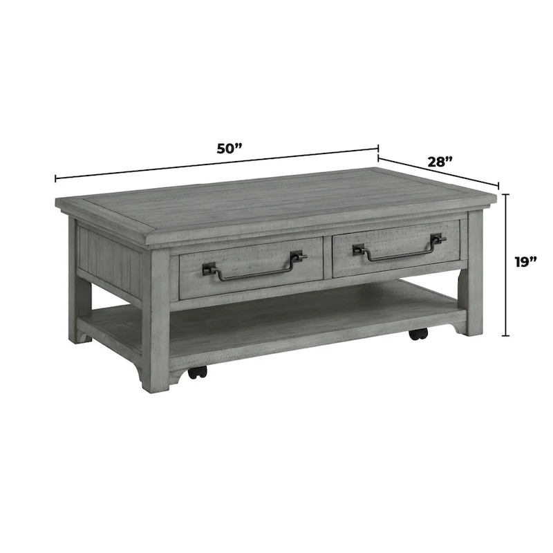 2-Drawer Solid Pine Coffee Table – Dove Grey, Coastal Style, Single