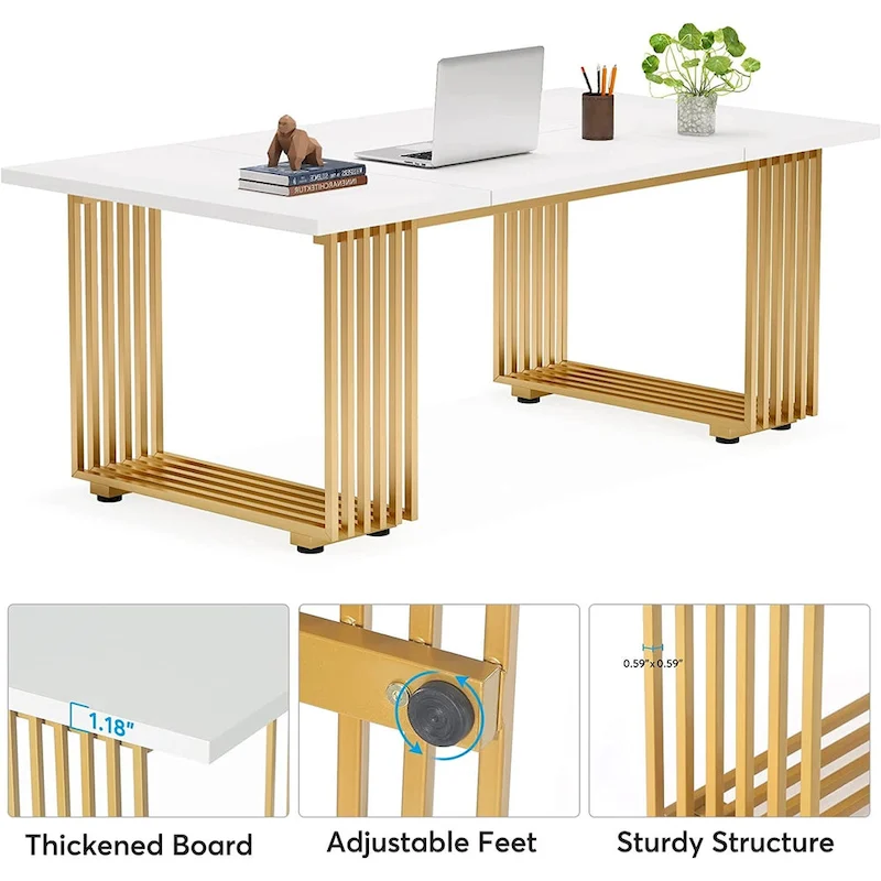 70.9 Modern Office Desk Wood Computer Desk, White Gold Executive Desk