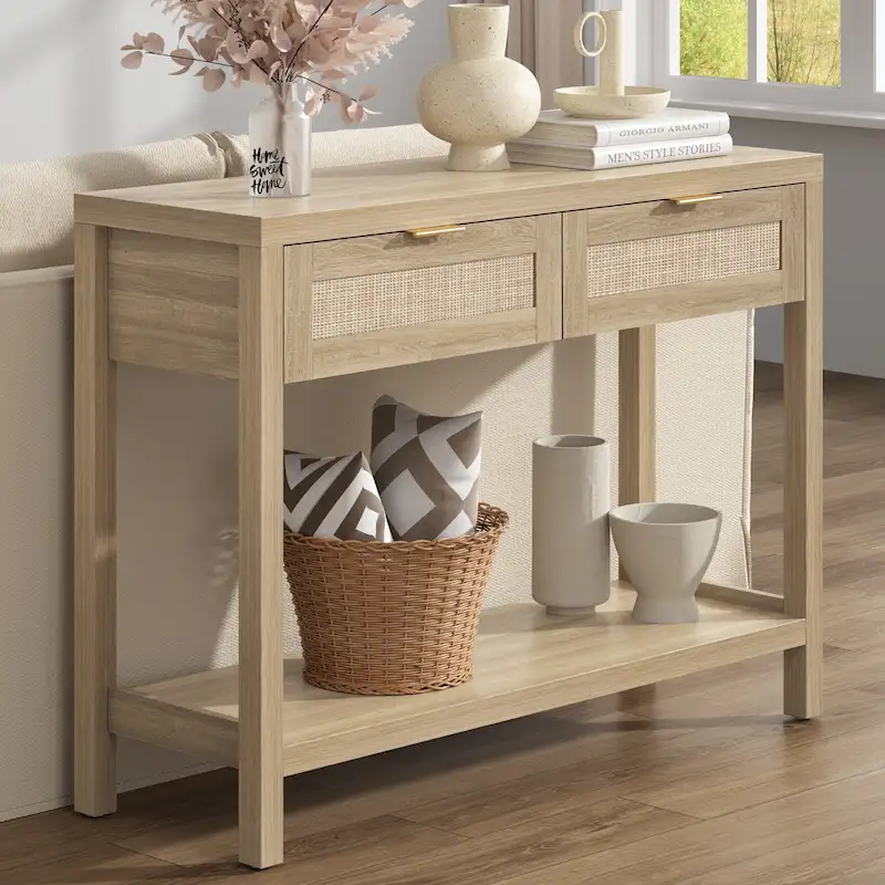 SICOTAS Rattan Console Table with 2 Drawers and Shelves - 30 x 39.4 x 13.8