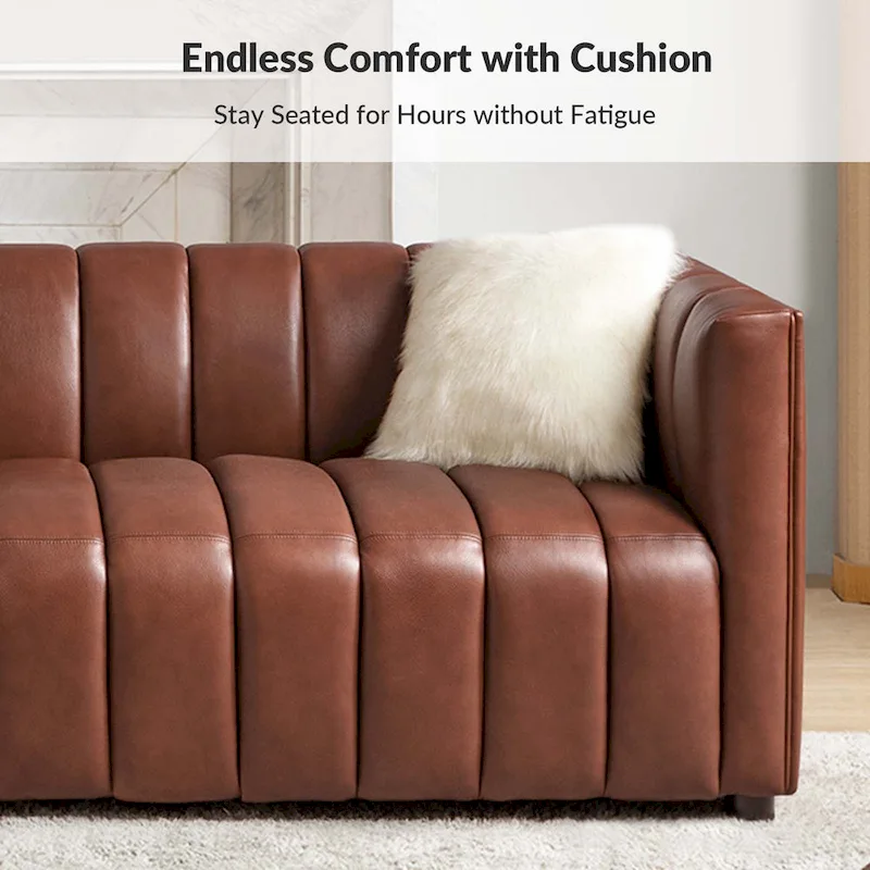 Olinto Modern Camel 83-Inch Genuine Leather Curved Couch with Channel Back by HULALA HOME