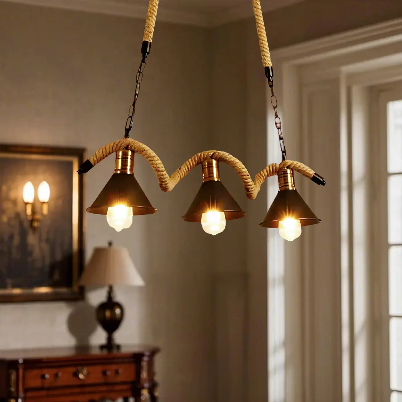 Industrial Metal Hemp Rope Pendant Light