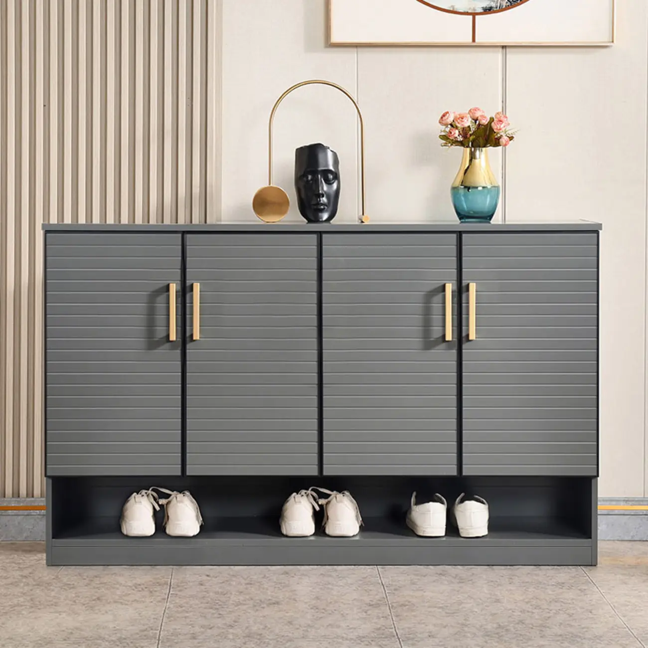 Metal Grey Shoe Cabinet with Open Bottom Shelf