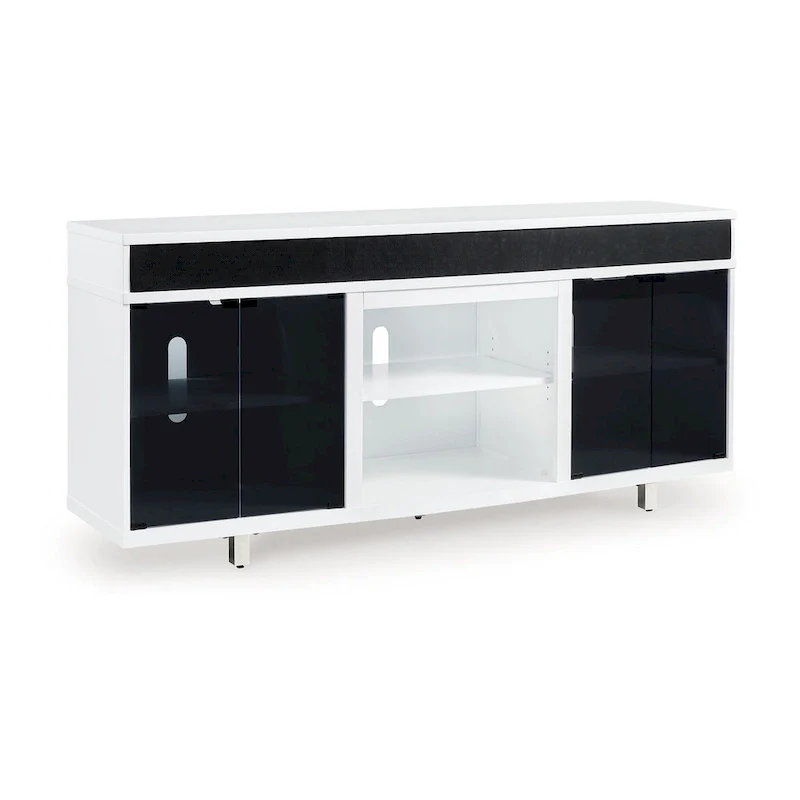 TV Media Console, Modern, 72"W, 4 Glass Doors, 3 Cabinets, Fireplace Opening, Chrome Feet, White/Black/Chrome