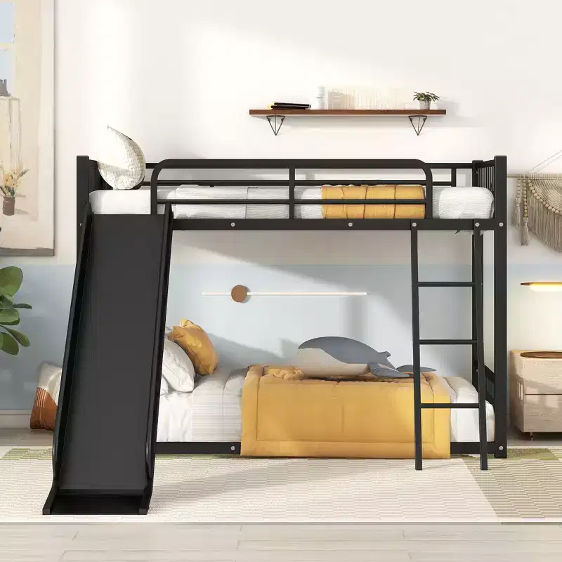Modern Style Twin over Twin Metal Bunk Bed with Slide, Easy to Assemble