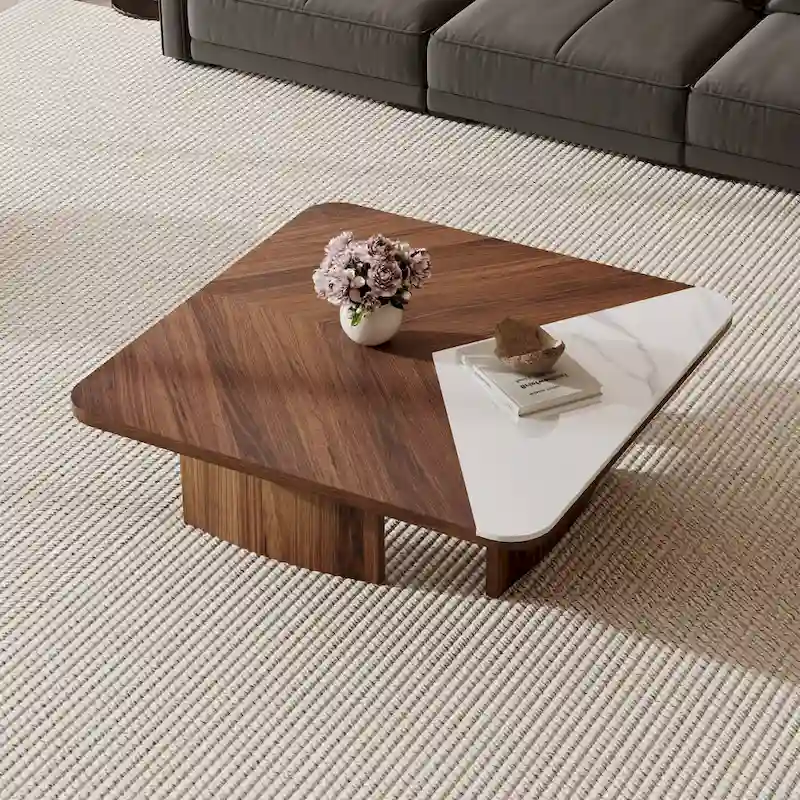 Modern 35.43 Square Coffee Table, Solid Wood Veneer with White Sintered Stone Table Top