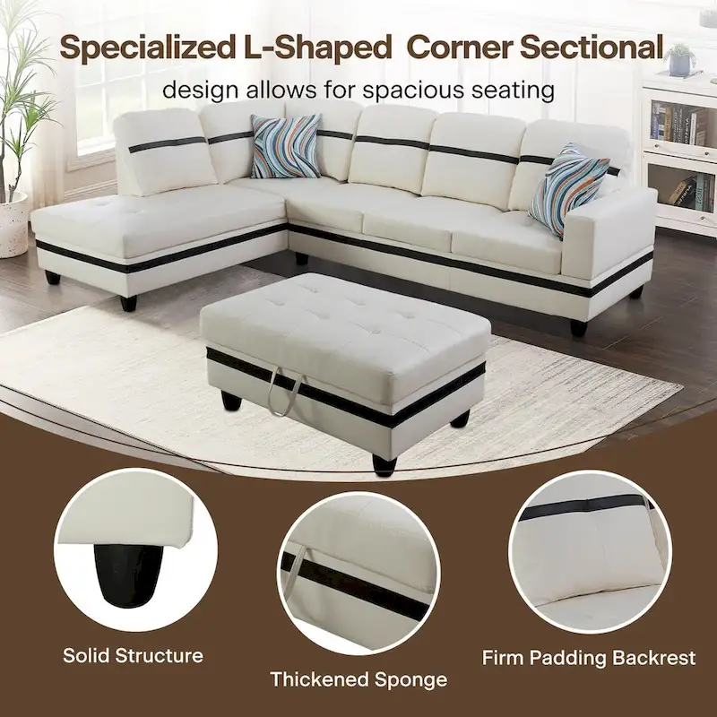 L-Shape Semi PU Leather Living Room Sofa Set with Ottoman,3-Piece