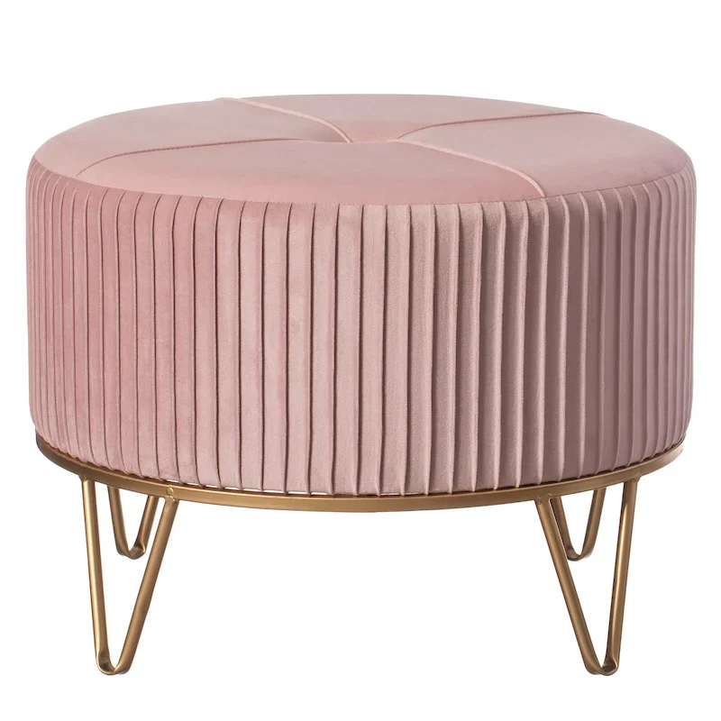 Round Velvet Ottoman Stool Raised with Hairpin Gold Base