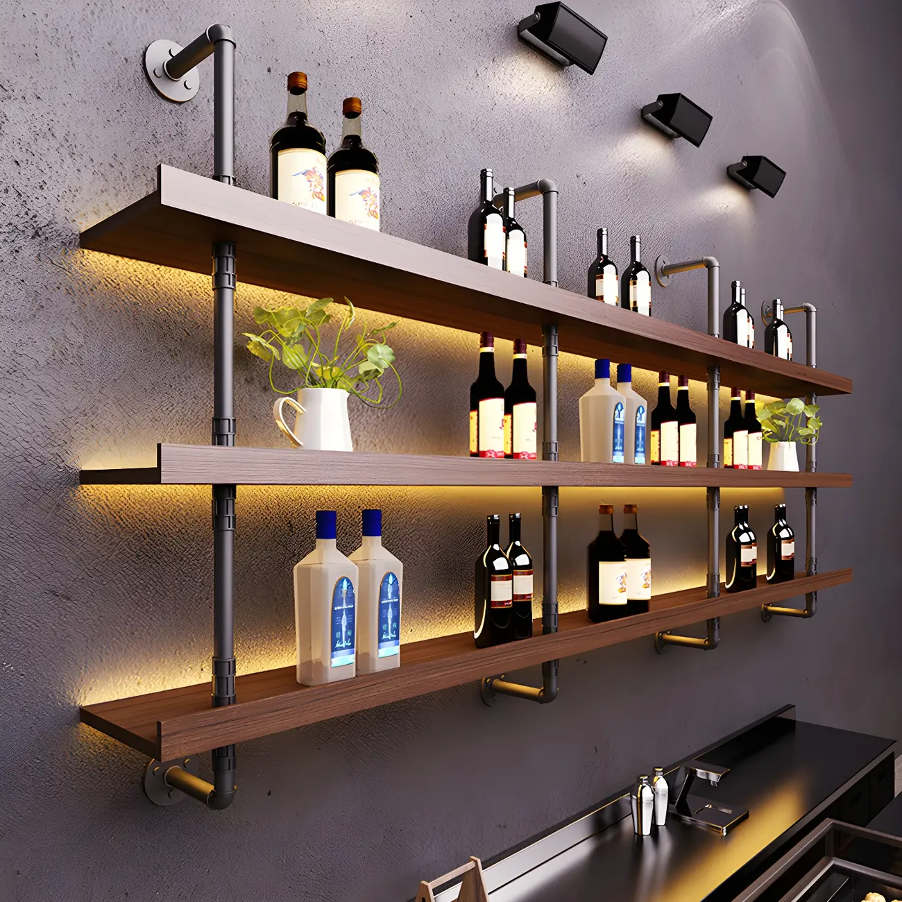 Brown Pine Wood Wall-Mounted Wine Rack with Light