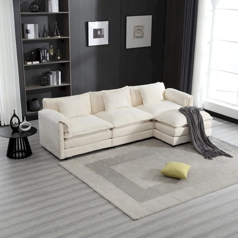 Beige 112.2 L-Shape 4-Seater Sectional Sofa in Modern Boucle Fabric with Removable Cushions and Detachable Armrests
