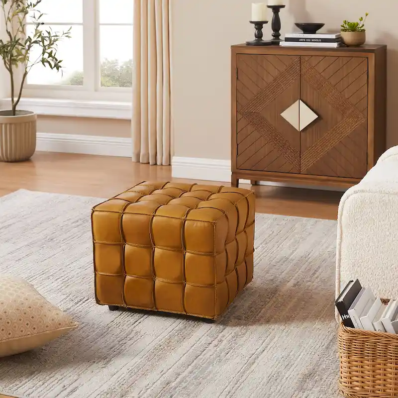 Art Leon Top Grain Leather Square Pouf Ottoman