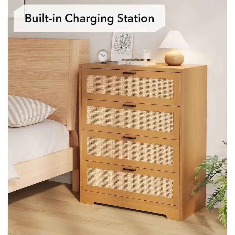 Wood Rattan 4-Drawer Dresser with Power Outlets (31.49