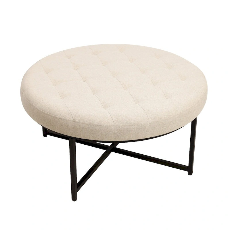 Tufted Round Cotton Linen Ottoman with Iron Frame