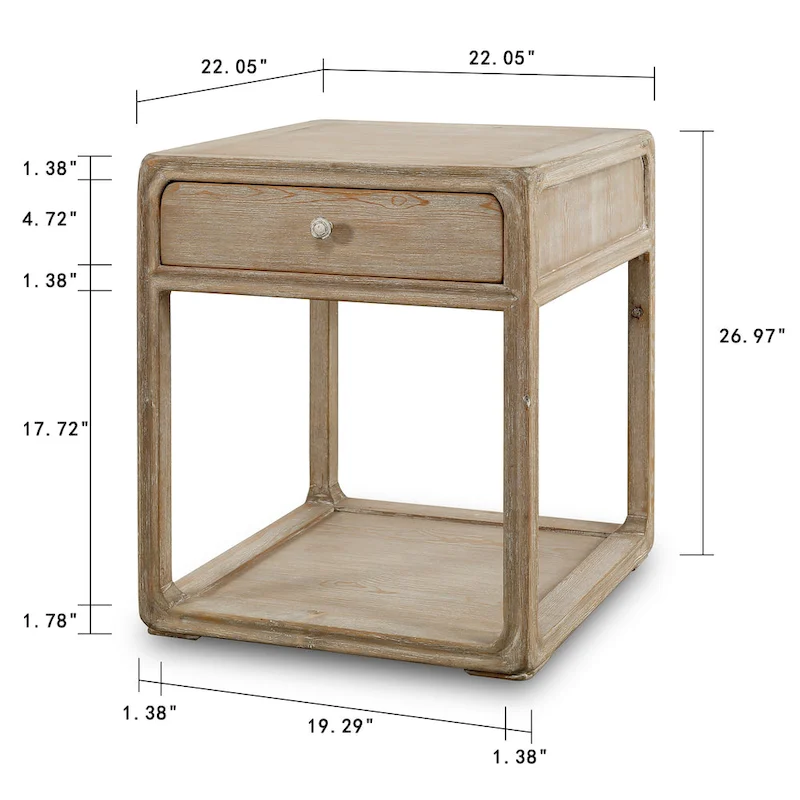 Artissance Peking Square Side Table w/Drawer, 27Inch Tall, White Wash
