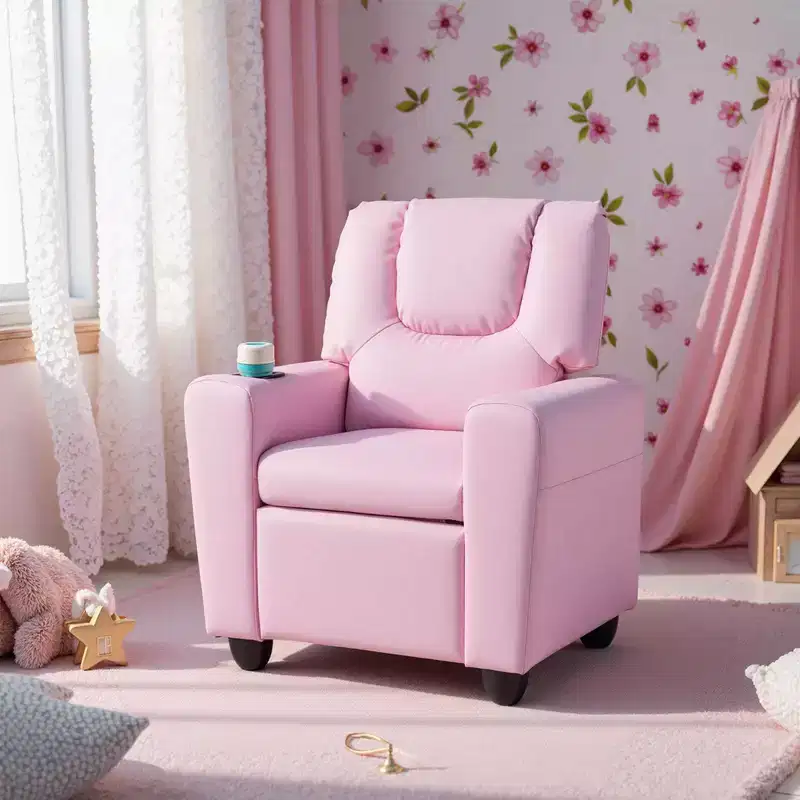 Kids Recliner Chair with Cup Holder – Beige / Black / Brown / Pink, Push-Back Style, 1-Seat