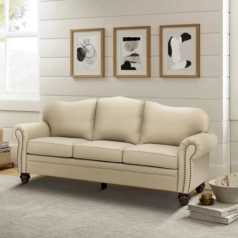 Balvino 81 Wide Transitional Genuine Leather Rolled Arm Sofa with Nailhead Trim and Removable Cushions