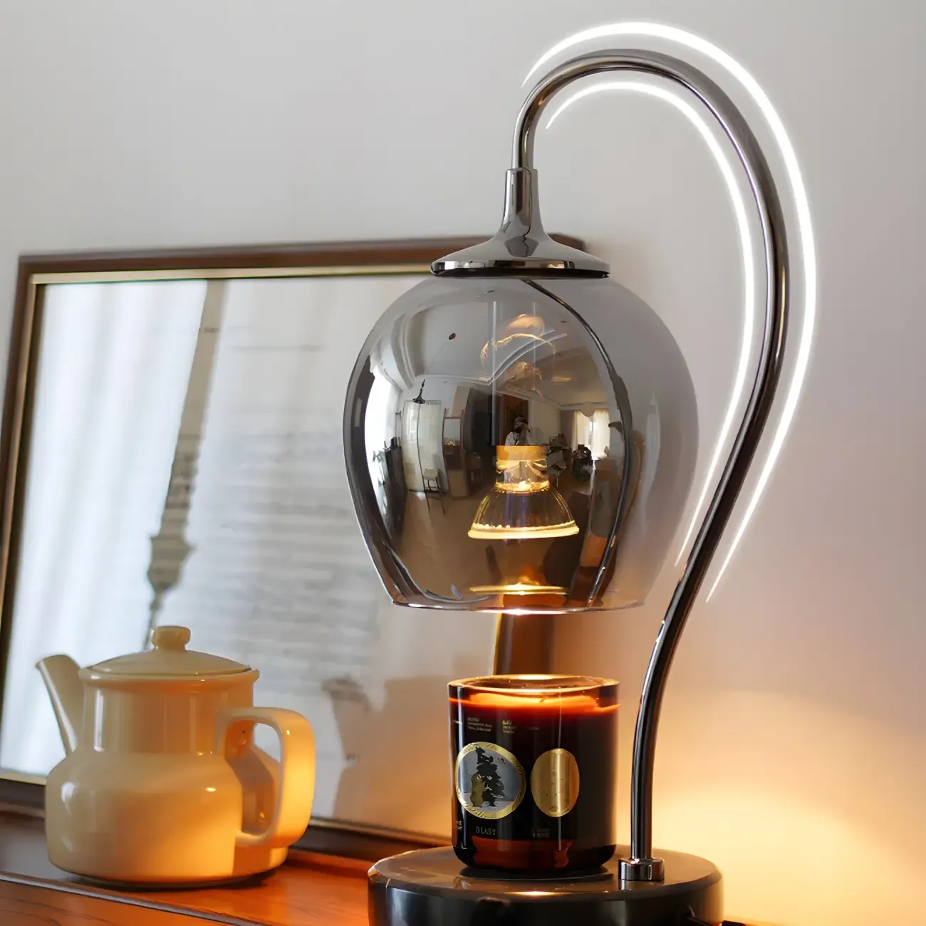 Modern Black Metal Glass Globe Table Lamp with Cup Holder Base