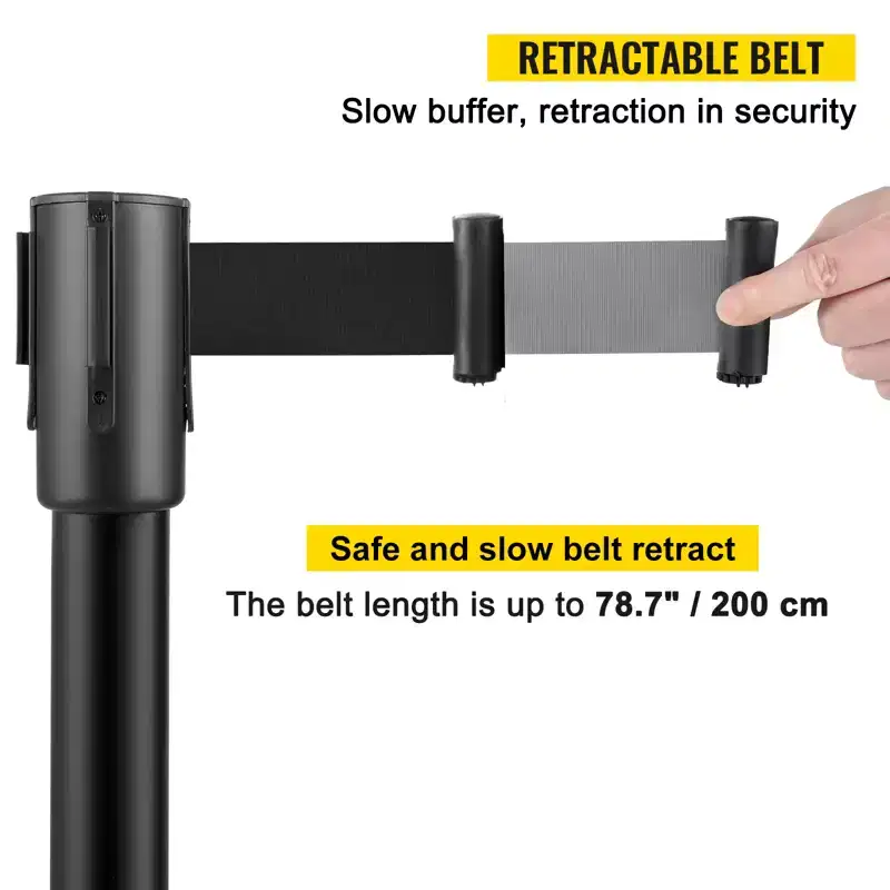 Crowd Control Stanchion with 6.6 ft/2 m Black Retractable Belt, Black Crowd Control Barrier, Black