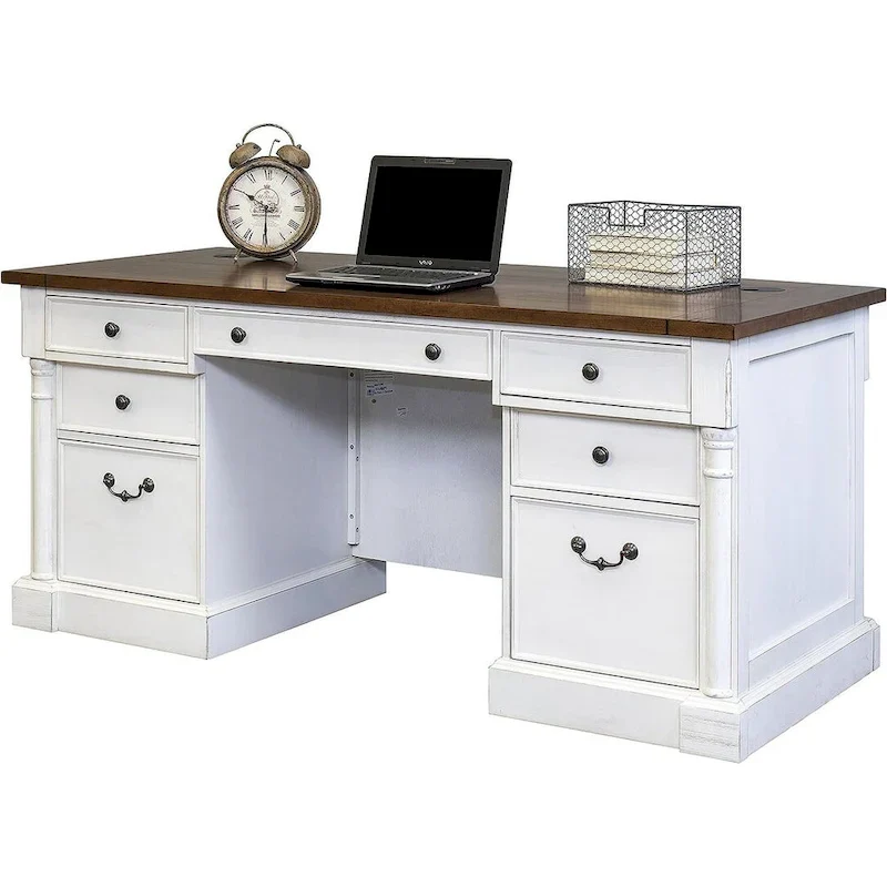 Rustic Wood Double Pedestal Executive Desk, Office Desk, Table, White