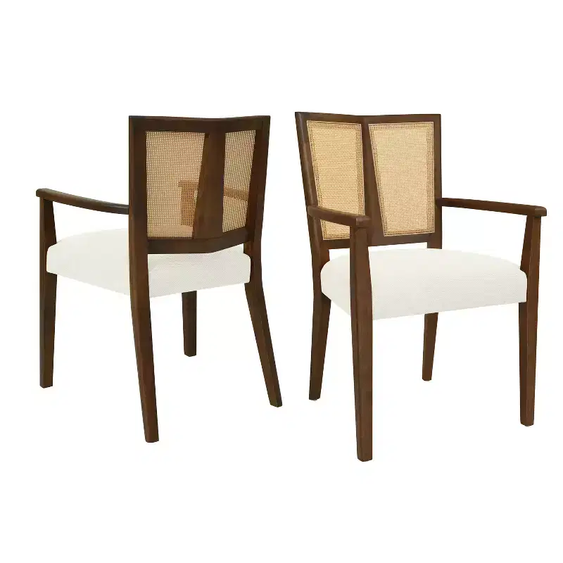 Beige/Dark Brown Upholstered Dining Arm Chairs with Rattan Back, Set of 2