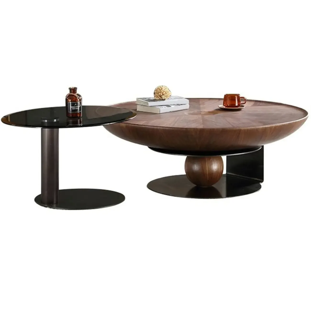 Tray Top Wood Walnut Abstract Base Round Coffee Table