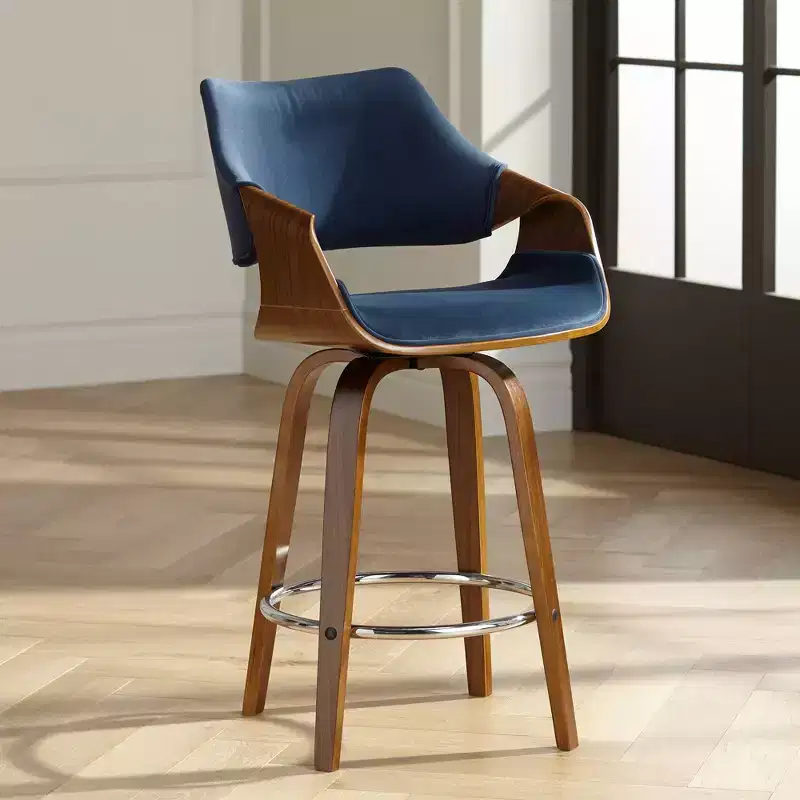 Studio 55D Westin Walnut Swivel Bar Stool 25 3/4 High Mid Century Modern Blue Cushion with Backrest Footrest for Kitchen Counter Height Island House