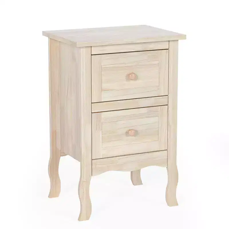 Beige 2-Drawer Rubberwood Nightstand